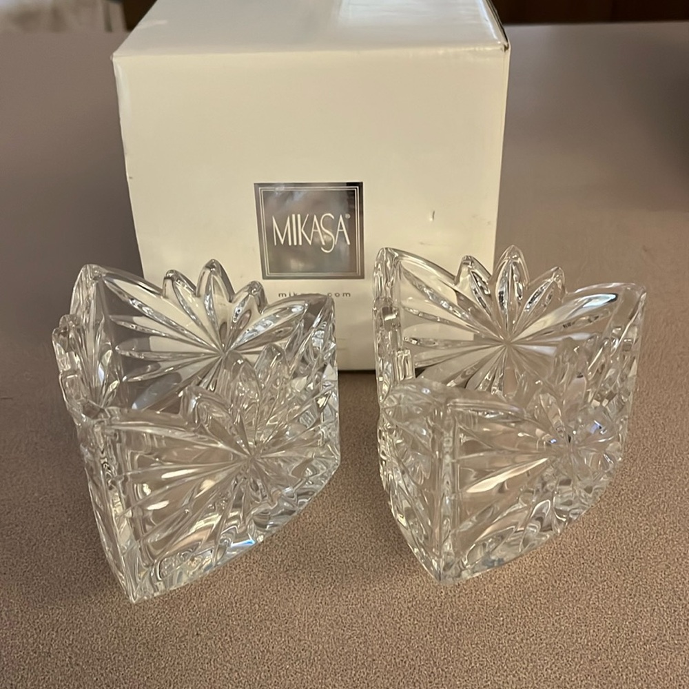 Mikasa Footed Lead Crystal Triangle Votive Candle Holder Fire Blossom